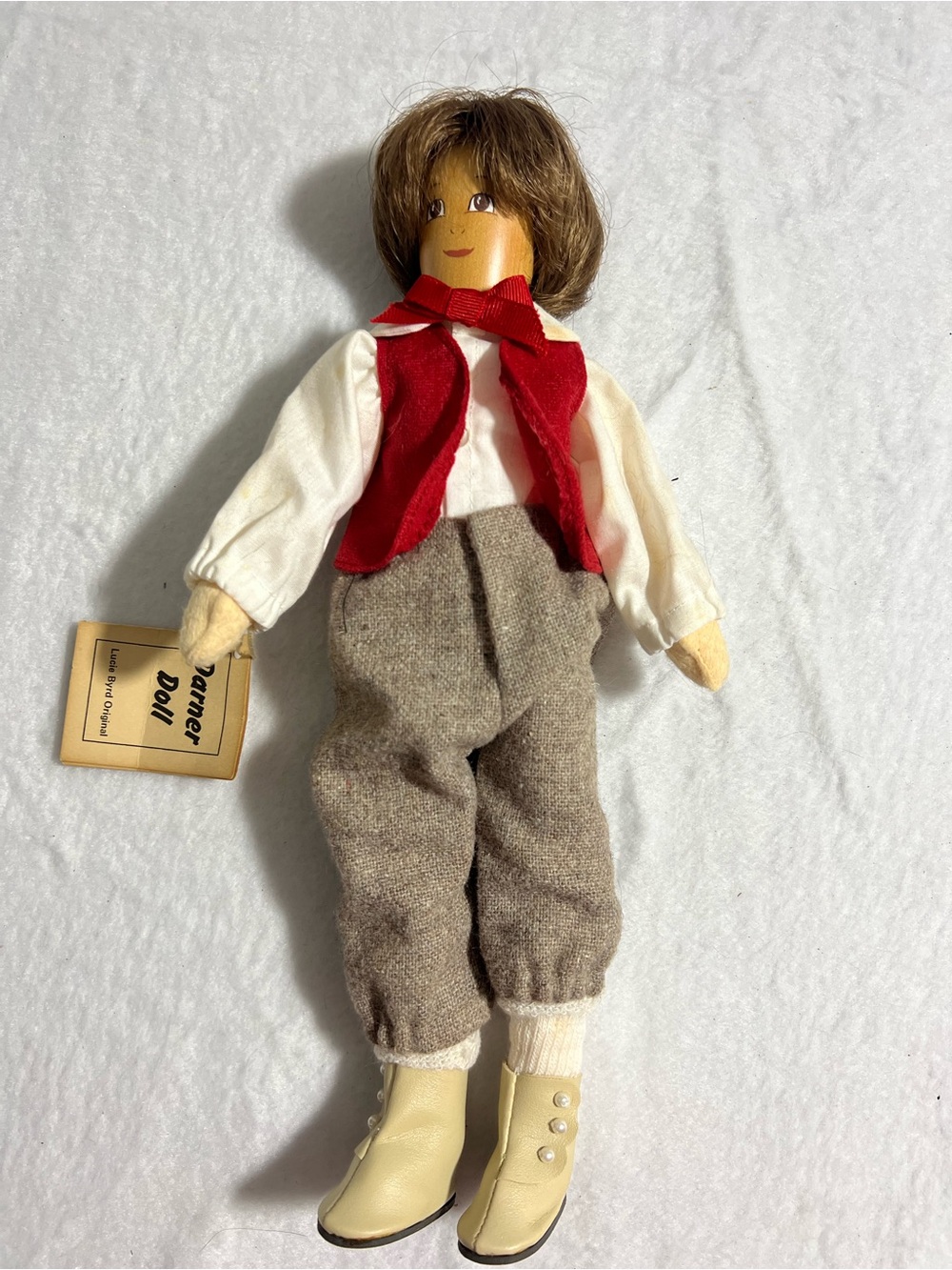 Lucy Byrd Handmade Cloth Doll with Red Vest and Cream Boots